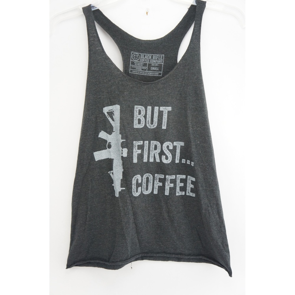Black Rifle Coffee Company Tank Top Small Gray But First Coffee Graphic EUC